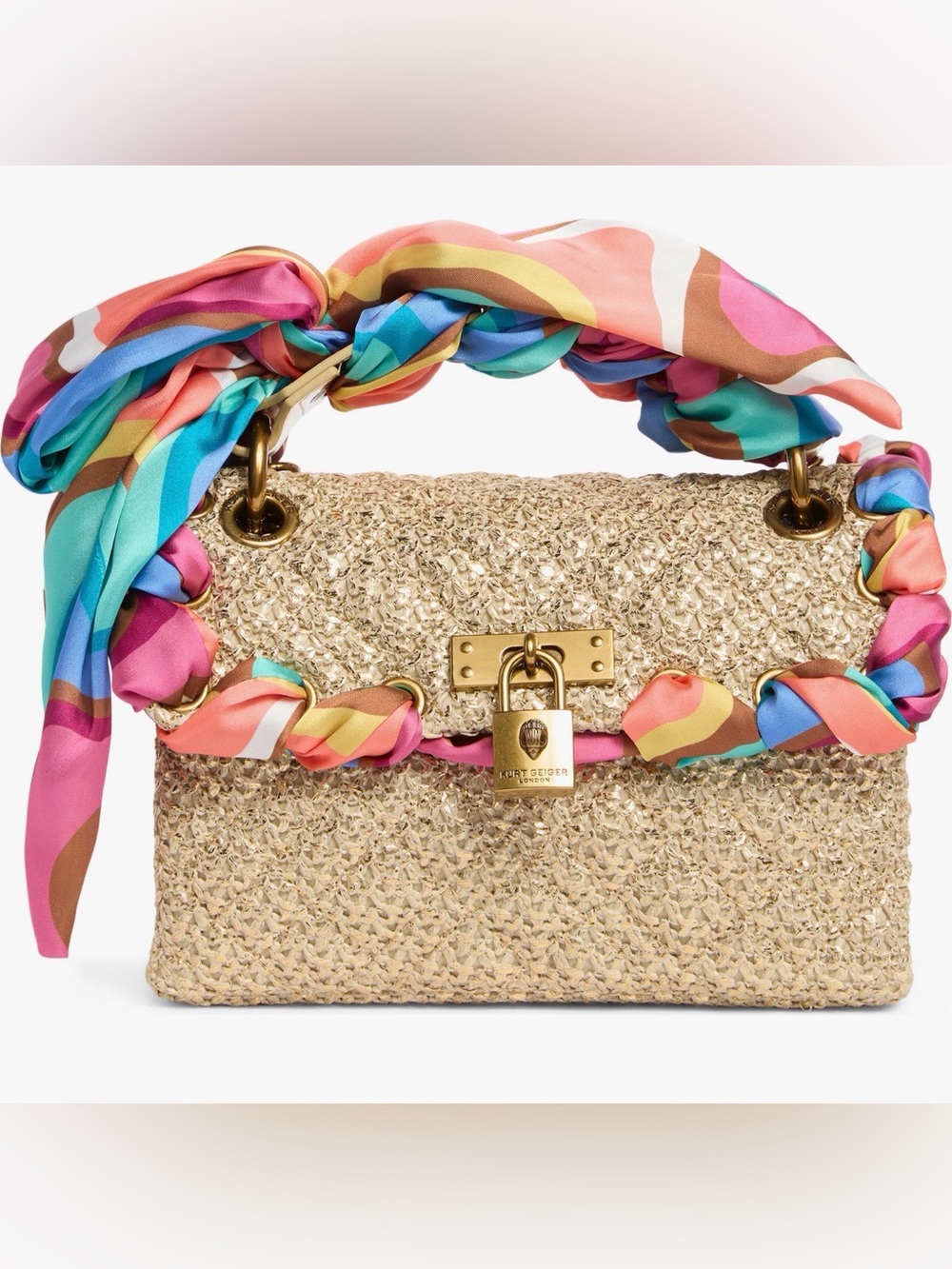 Kurt Geiger Gold Straw Shoulder Bag with Multicolor Twisted Scarf